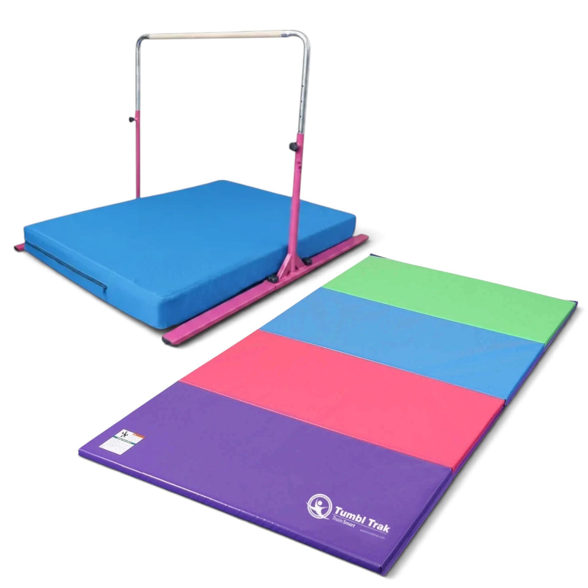 UK Gym Pits Junior Bar Pro package with pink steel bar, blue practice mat, and a multi-coloured folding tumbling mat.