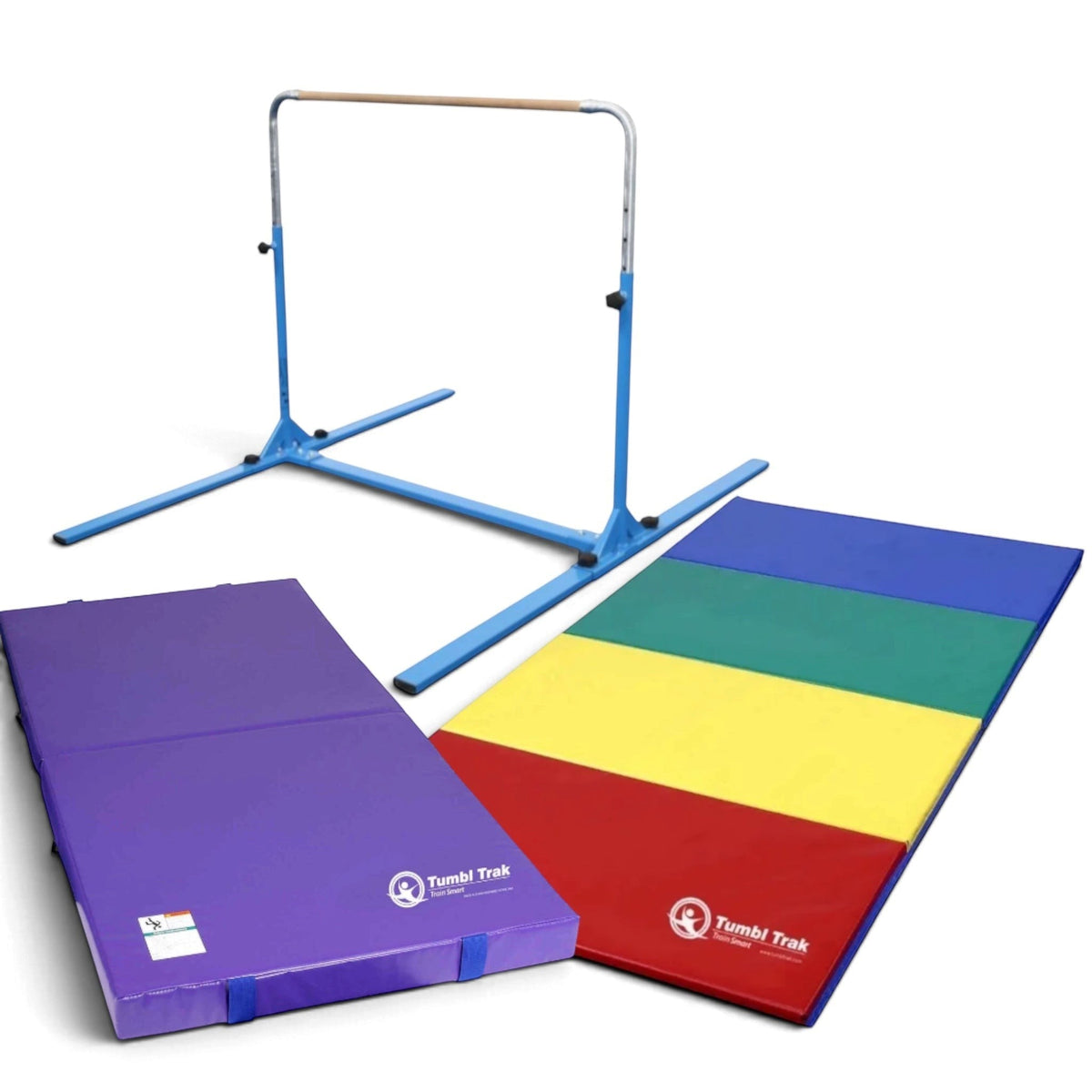 UK Gym Pits Junior Bar Pro package with blue gymnastics bar, purple practice mat, and multi-coloured tumbling mat.