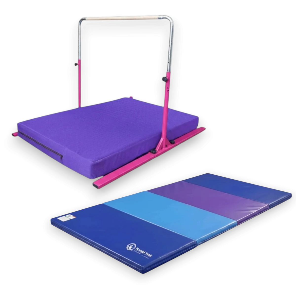 UK Gym Pits Junior Bar Pro gymnastics set with a pink steel bar, purple practice mat, and a blue folding tumbling mat.