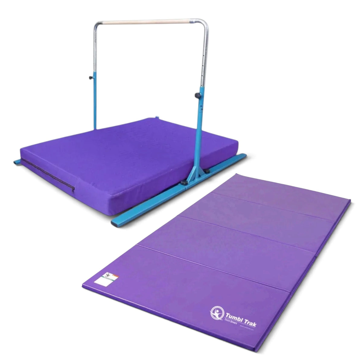 UK Gym Pits Junior Bar Pro gymnastics set with a blue adjustable bar, purple practice mat, and purple tumbling mat.
