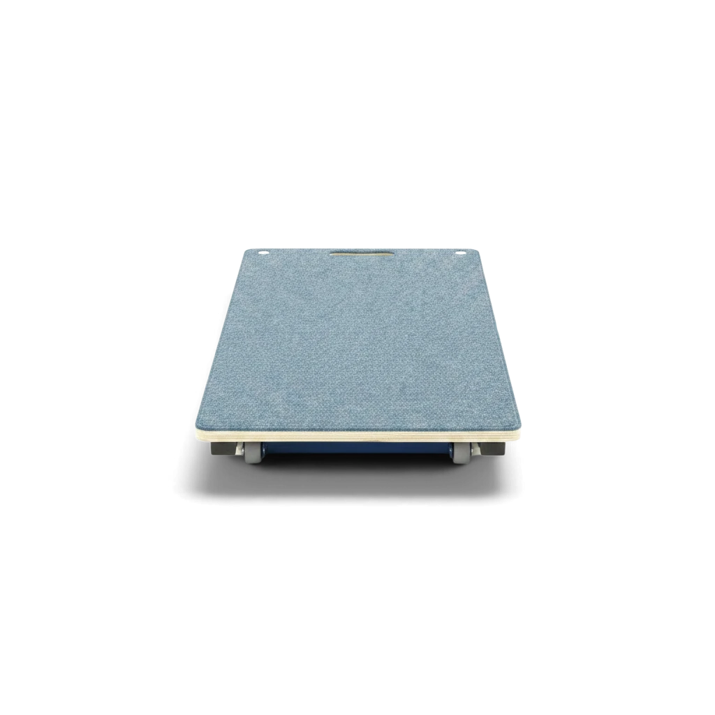 UK Gym Pits junior gymnastics springboard with blue antimicrobial carpet on a birch ply and steel frame