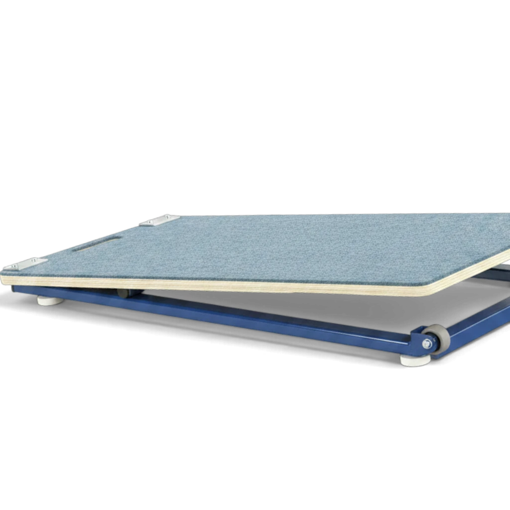 UK Gym Pits junior gymnastics springboard with blue carpeted birch ply deck and powder coated steel frame