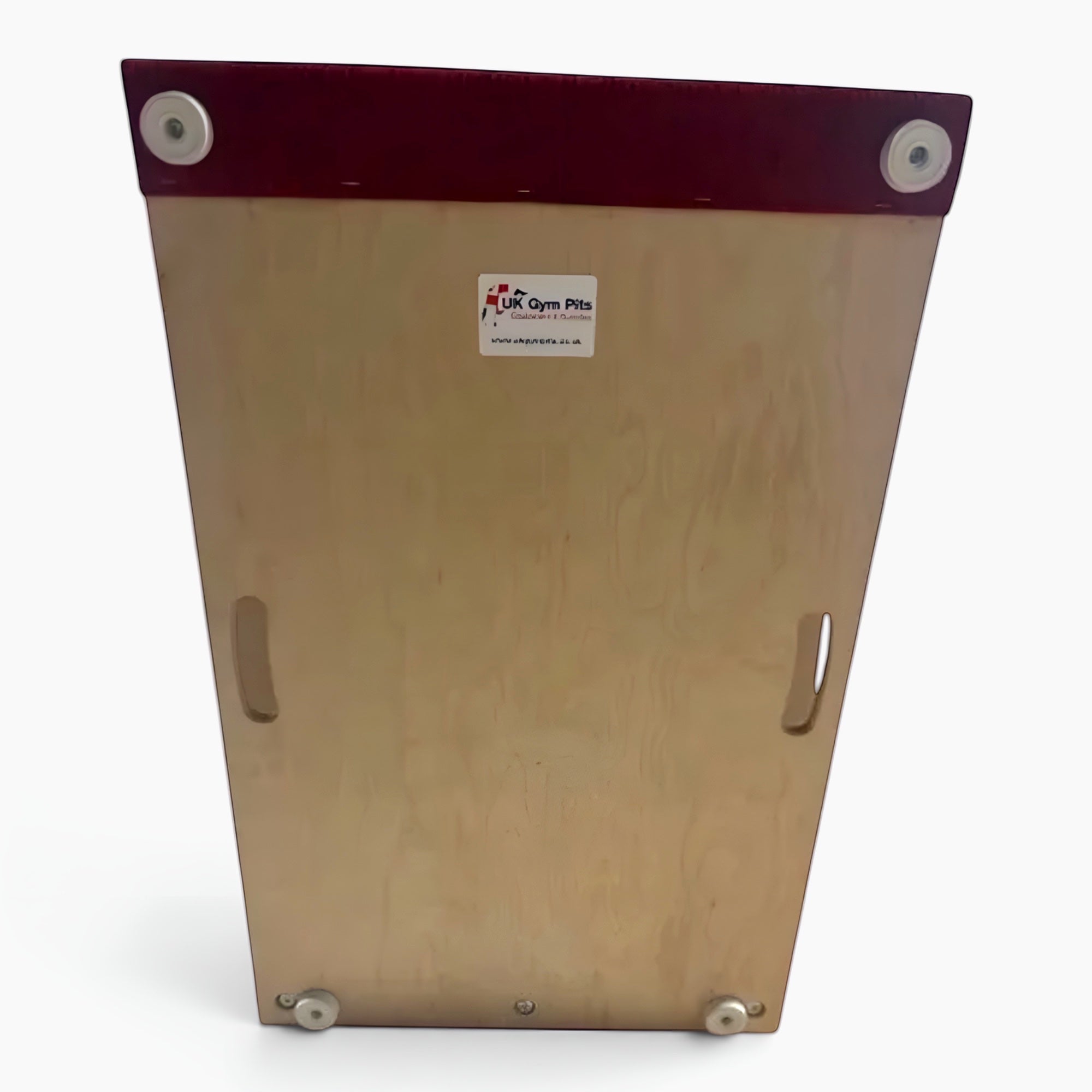 UK Gym Pits junior gymnastics springboard made of birch plywood with a red carpeted top and integrated handles.