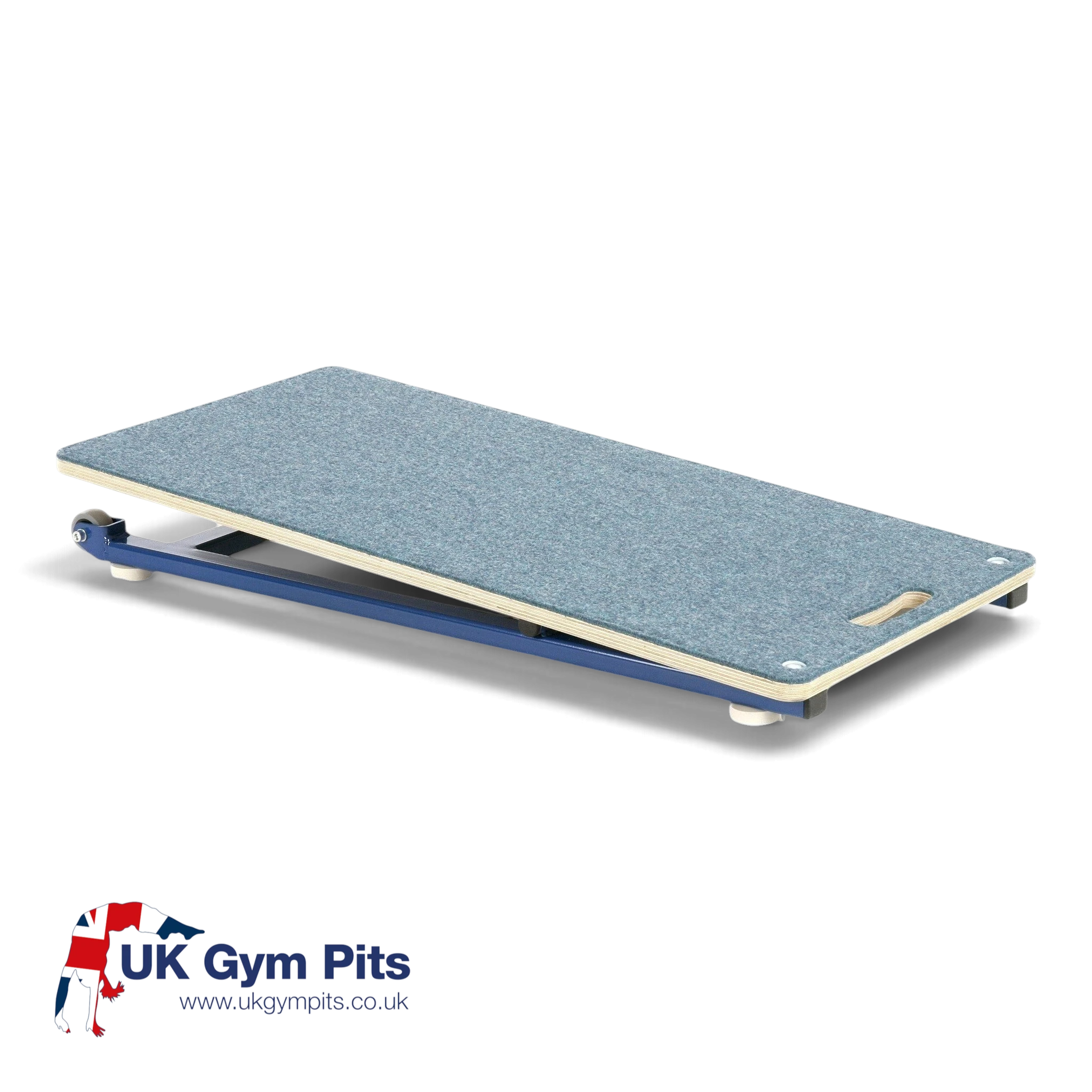UK Gym Pits junior gymnastics springboard with blue carpeted birch ply deck and powder coated steel frame