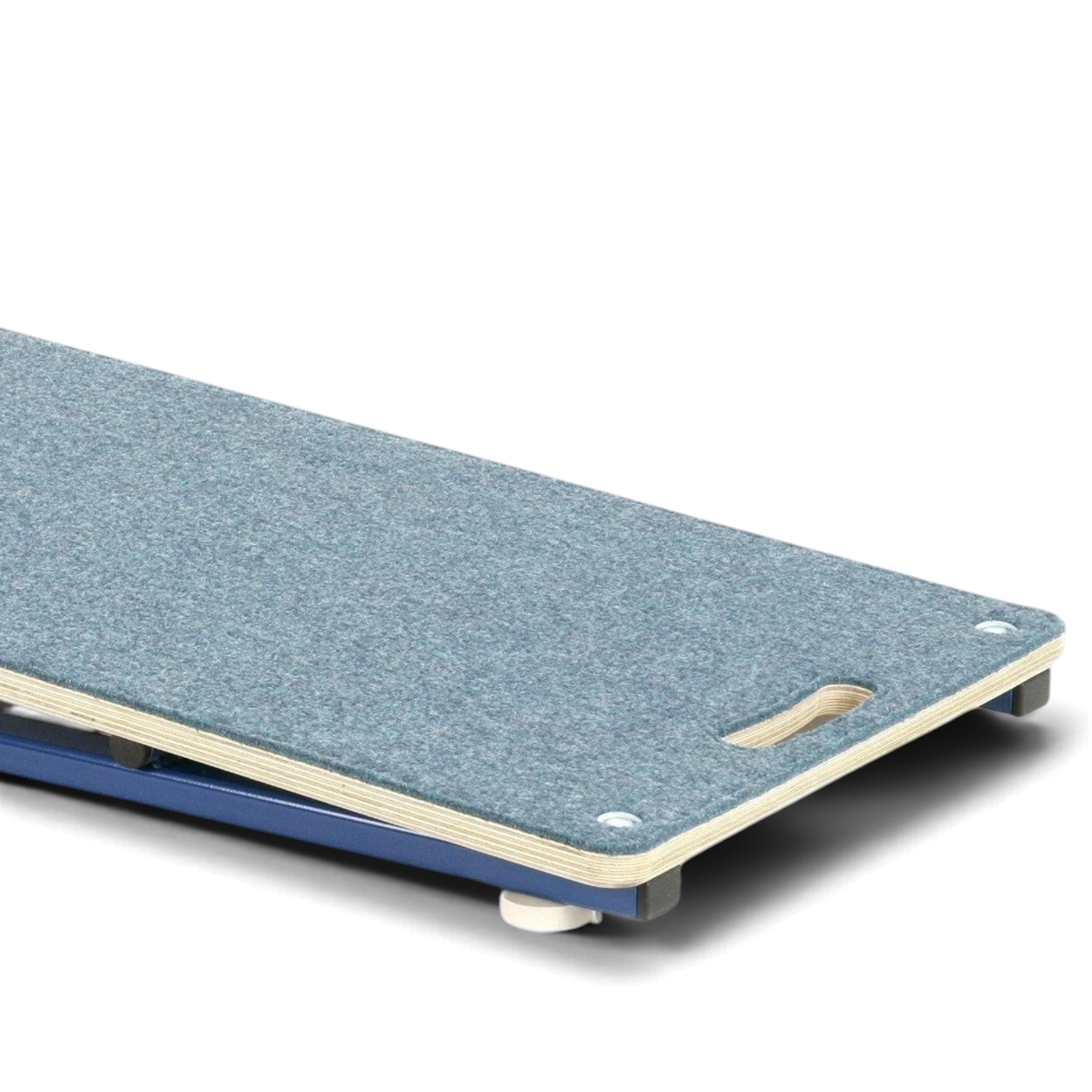 UK Gym Pits junior gymnastics springboard with blue antimicrobial carpet, birch ply deck, and steel frame.