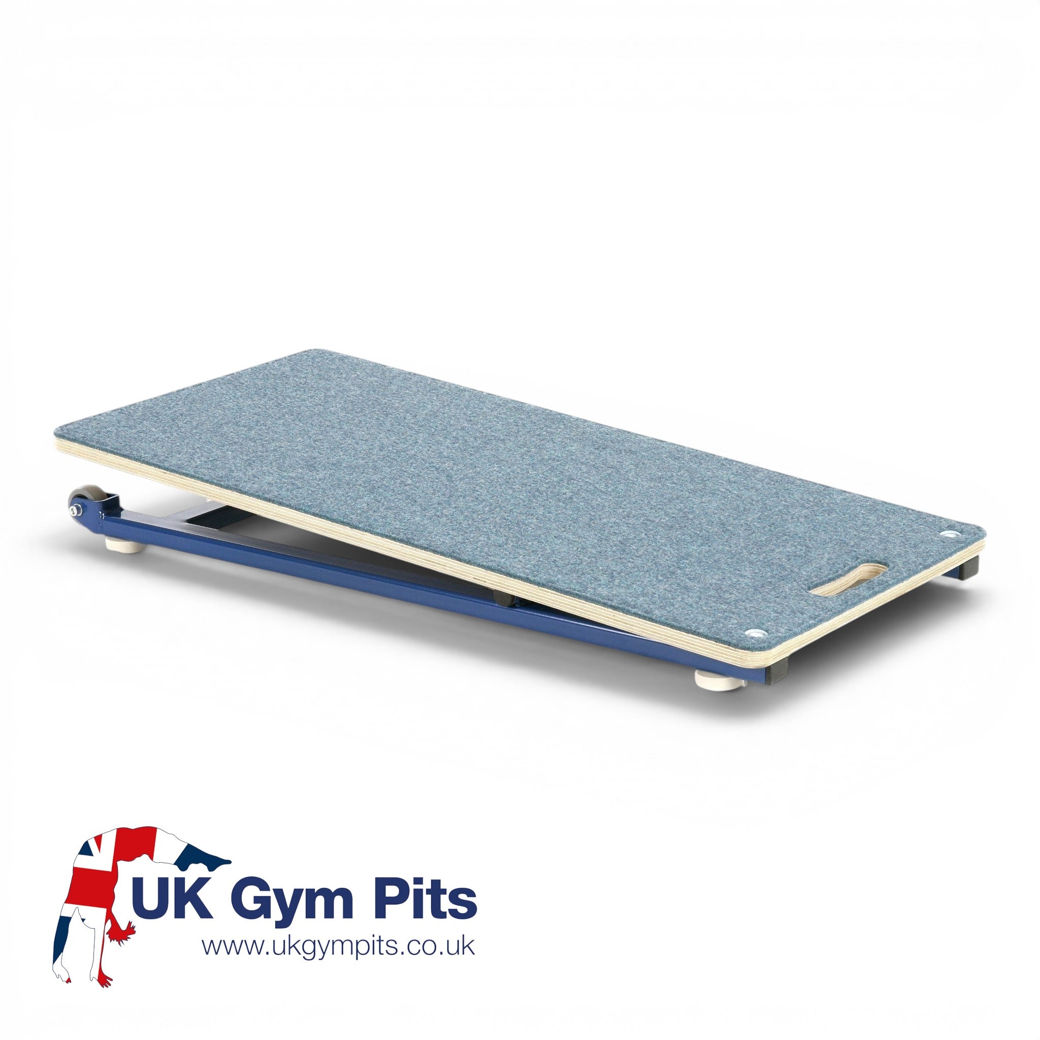 UK Gym Pits junior gymnastics springboard with blue antimicrobial carpet, birch ply deck, and powder coated steel frame