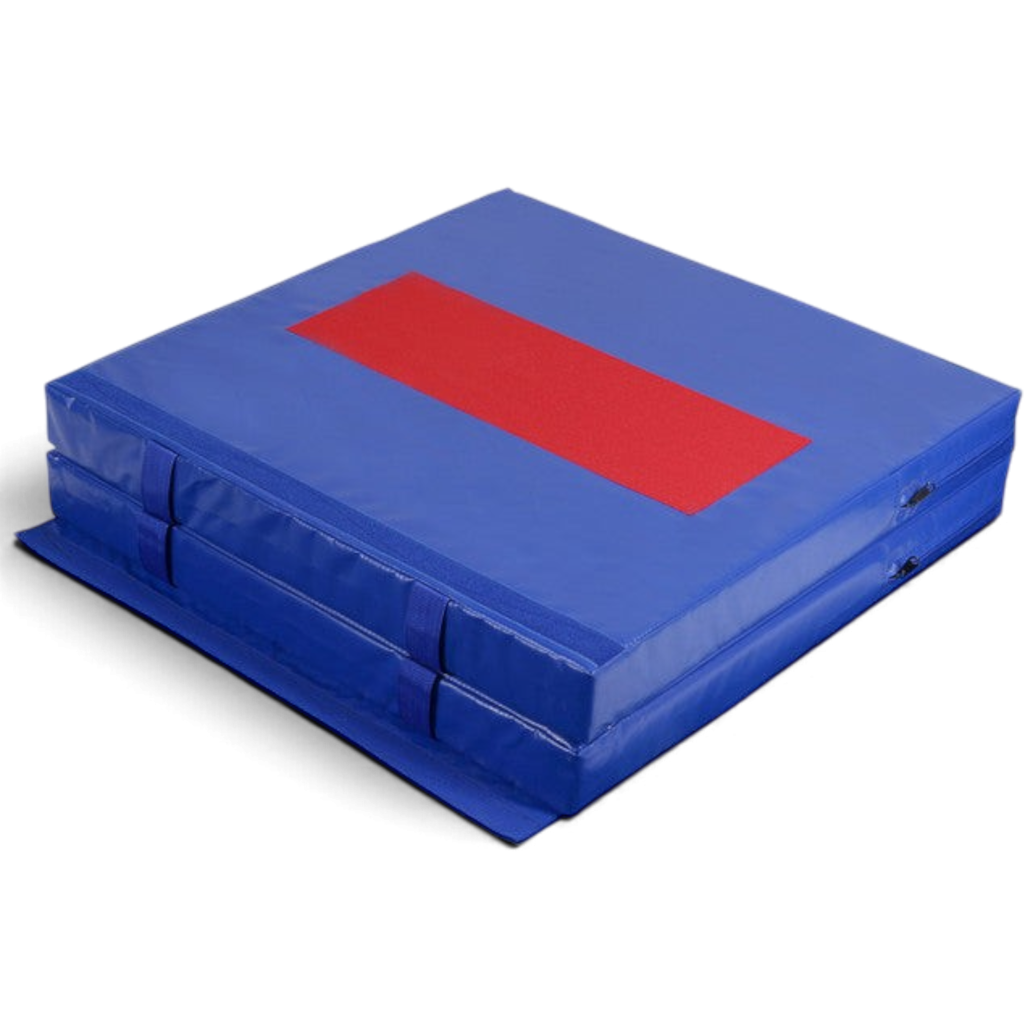 UK Gym Pits junior practice mat in blue, folded into a thick square block with a red center panel for gymnastics.