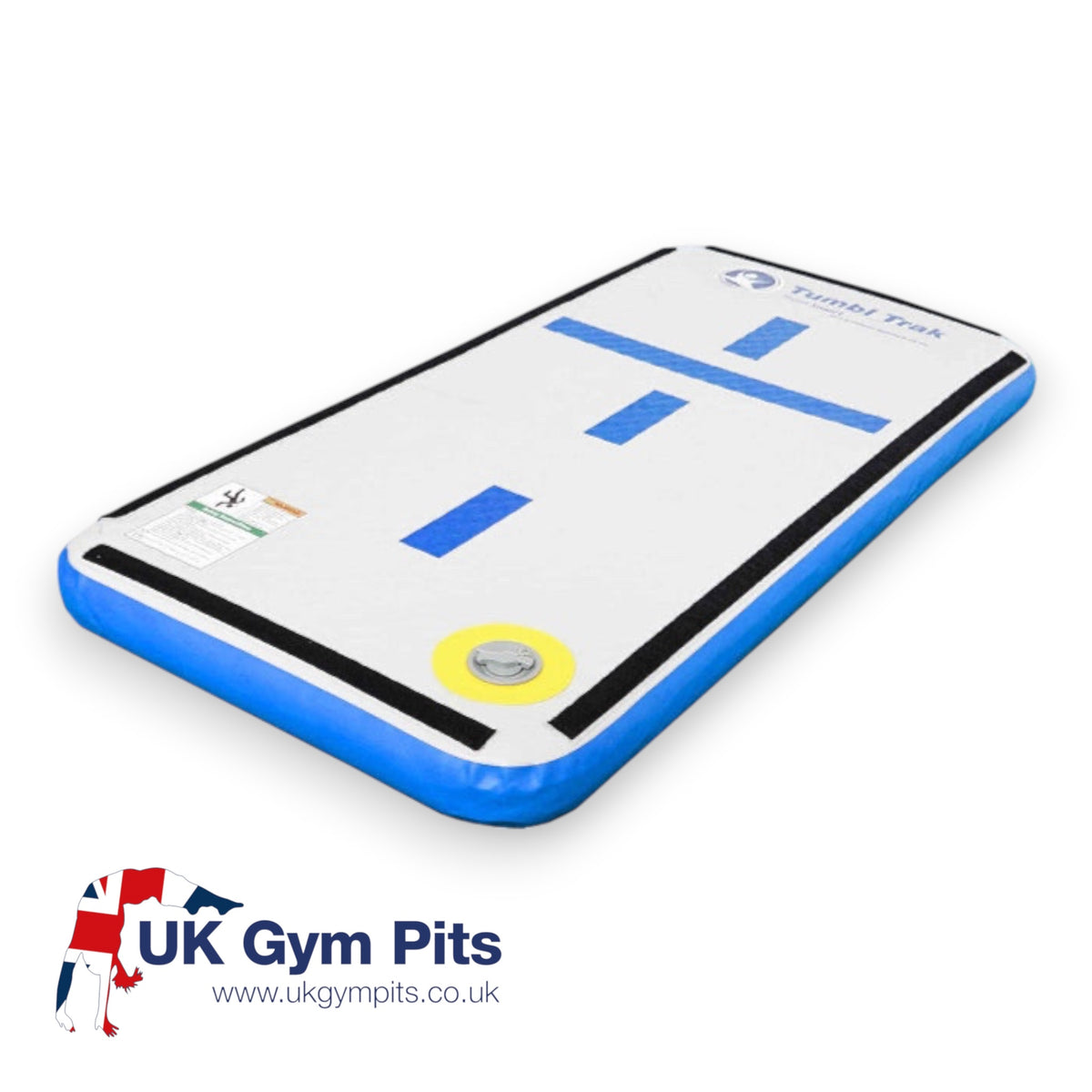 UK Gym Pits Inflatable Sweet Spot Junior gymnastics training mat with blue and white denim top and placement markings.