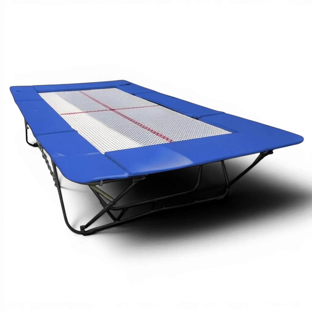 UK Gym Pits junior trampoline with a white web bed and blue protective frame pads on a black background