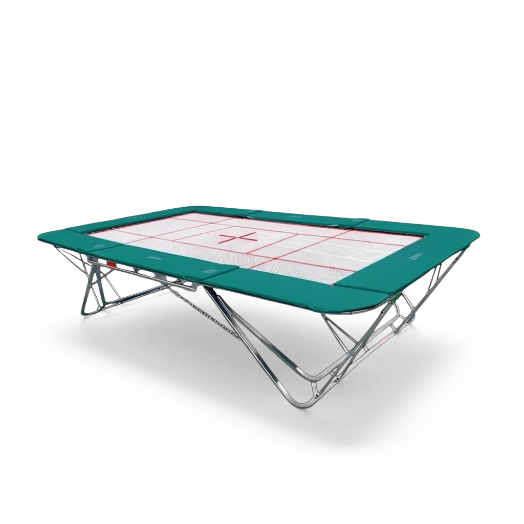 UK Gym Pits junior trampoline with a white web bed and green protective frame pads on a steel folding frame.