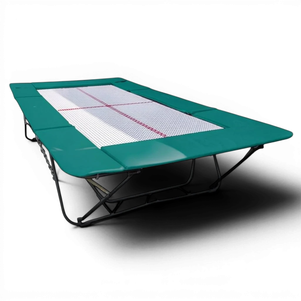 UK Gym Pits junior trampoline with a white web bed and green protective frame pads on a black background