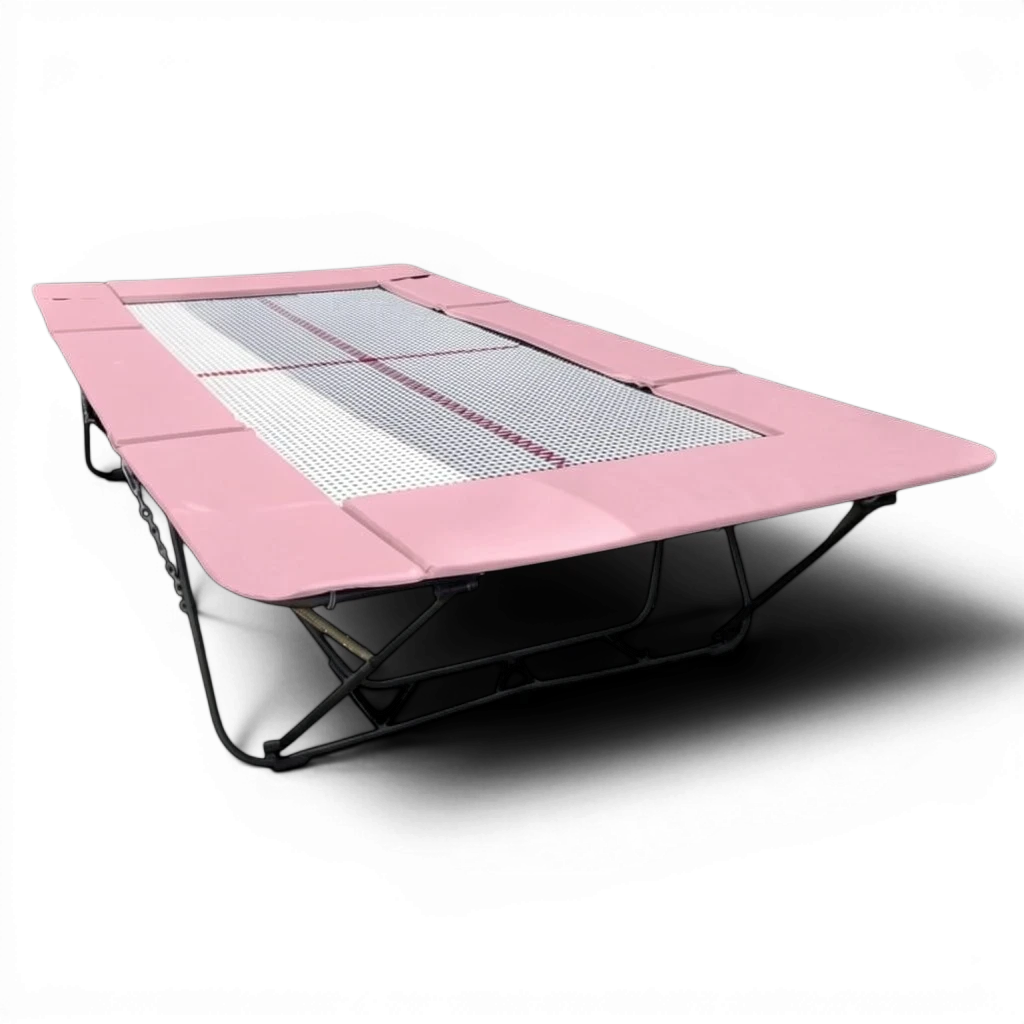 UK Gym Pits junior trampoline with a pink frame pad and webbed jumping bed for gymnastics and home training.