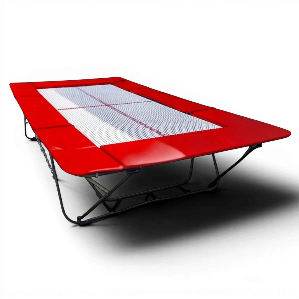 UK Gym Pits junior trampoline with a white web bed and bright red protective frame pads on a black background
