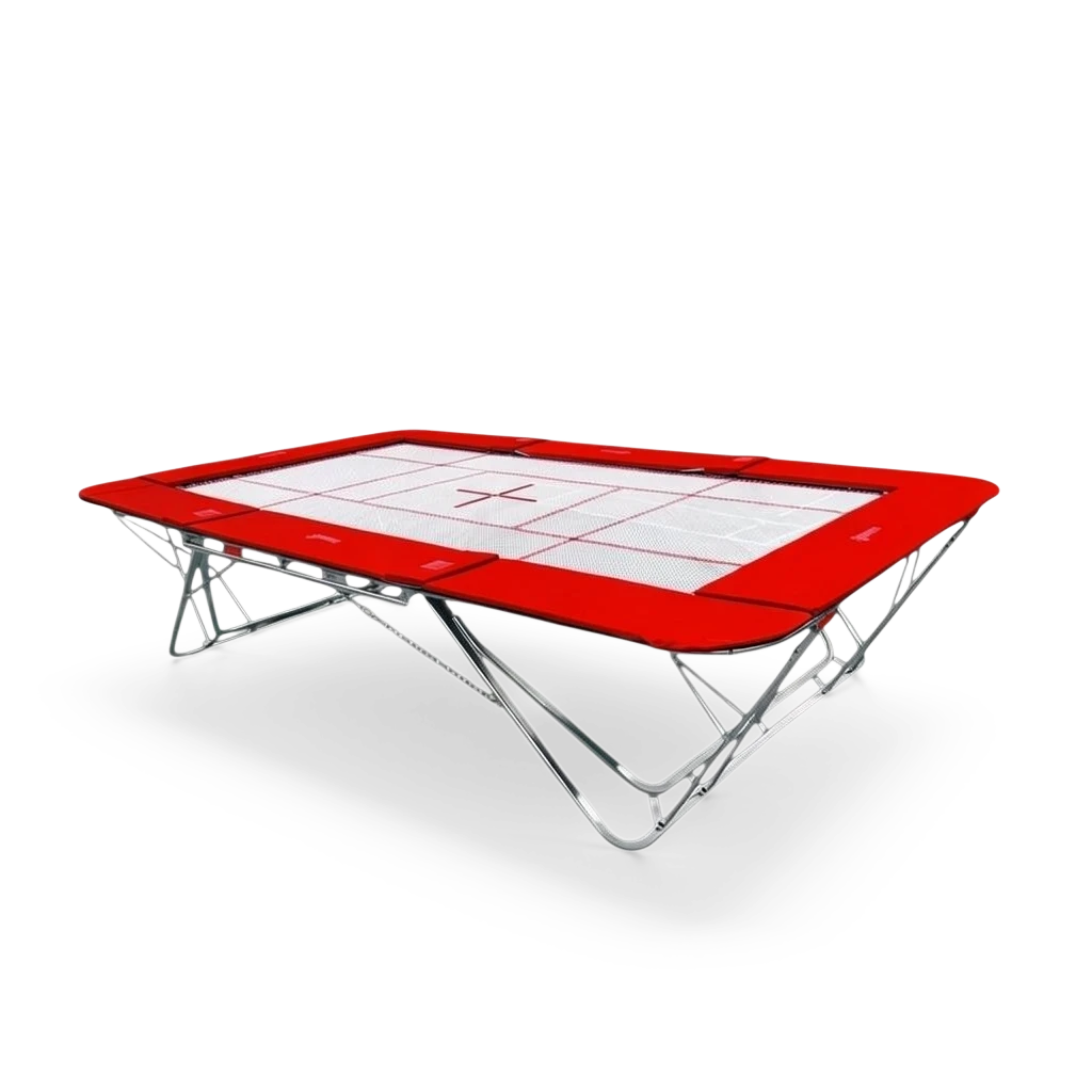 UK Gym Pits junior trampoline with a white web bed and bright red protective frame pads on a steel folding frame.