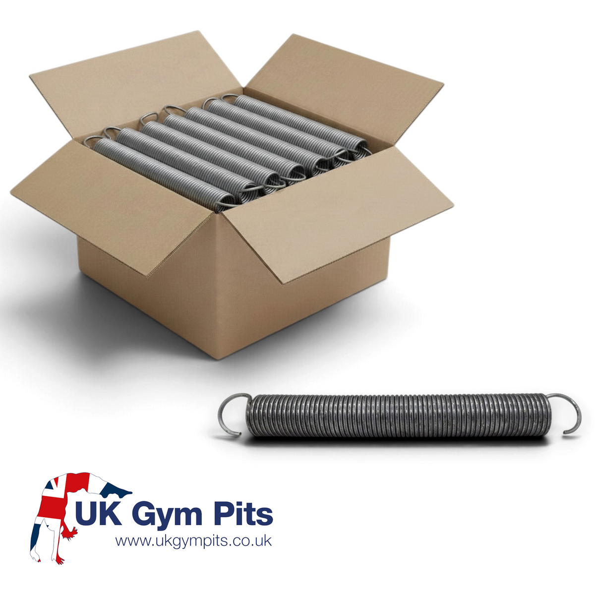 UK Gym Pits high tensile steel replacement springs for junior trampolines, shown in a box and as a single unit.