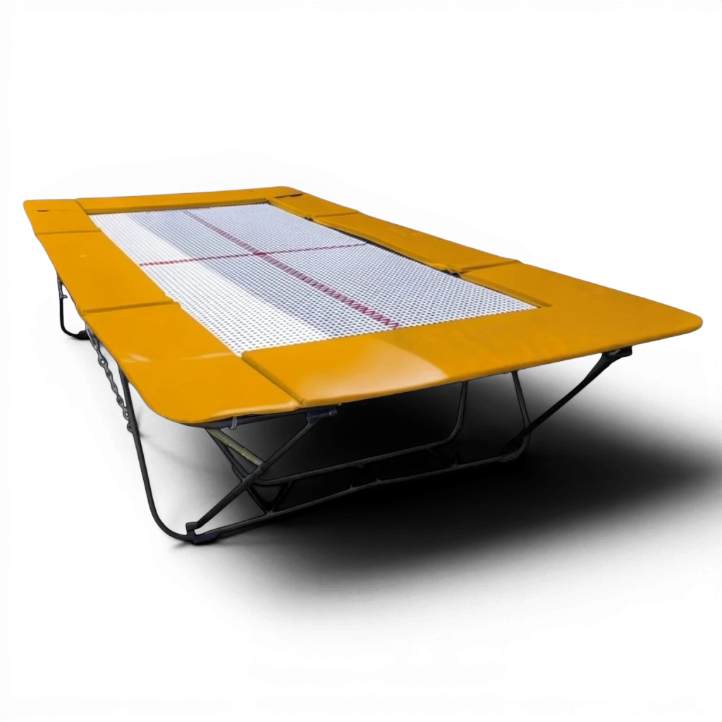 UK Gym Pits junior trampoline with a white web bed and bright yellow protective frame pads on a black background