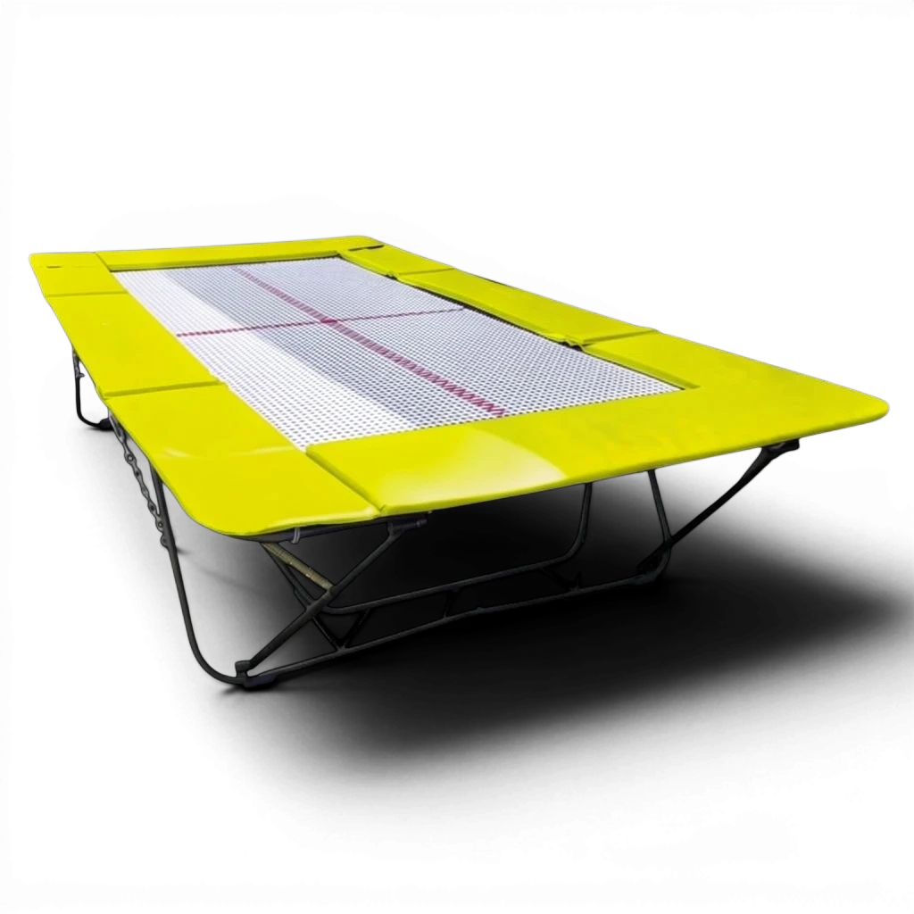 UK Gym Pits junior trampoline with a white web bed and bright yellow protective frame pads on a black background