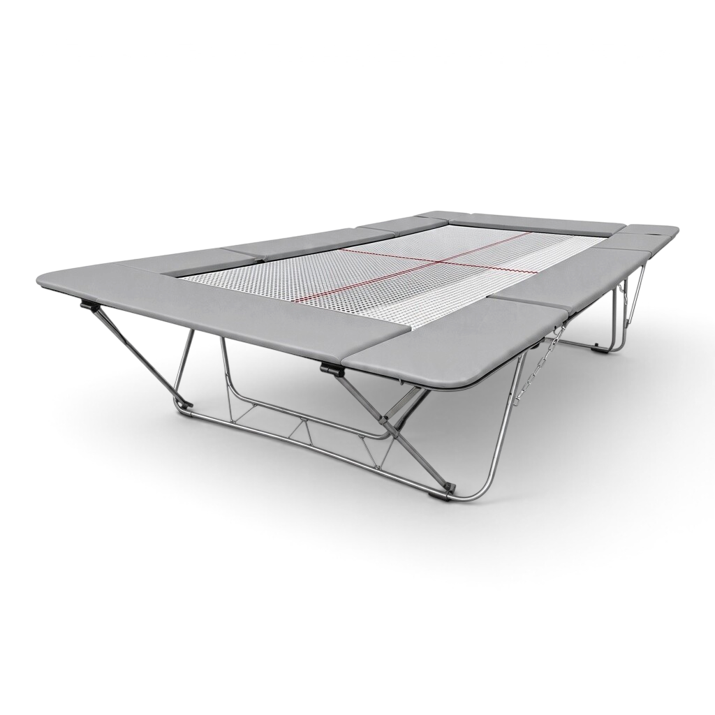 UK Gym Pits junior trampoline with a white web bed and grey protective frame pads on a foldable steel frame