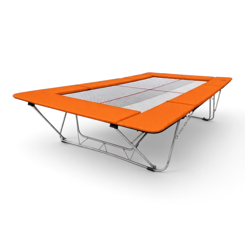 UK Gym Pits junior trampoline with a rectangular web bed and bright orange protective frame pads on a steel frame.
