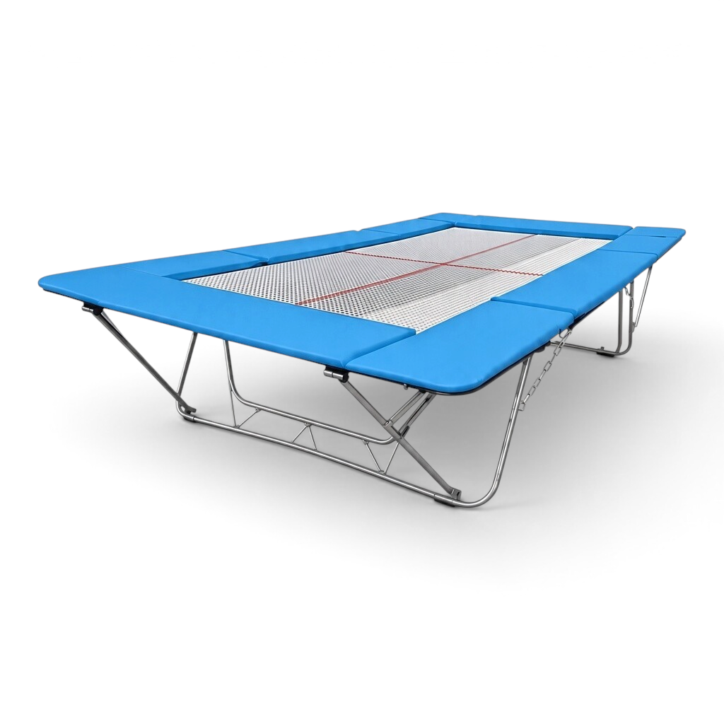 UK Gym Pits junior trampoline with a blue padded frame and a white webbed jumping surface on a steel base.