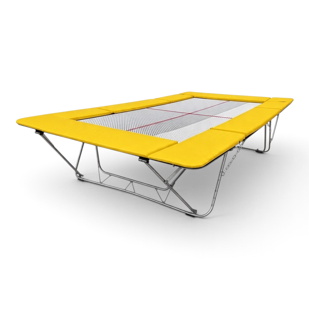 UK Gym Pits junior trampoline with a white web bed and bright yellow protective frame pads on a steel frame
