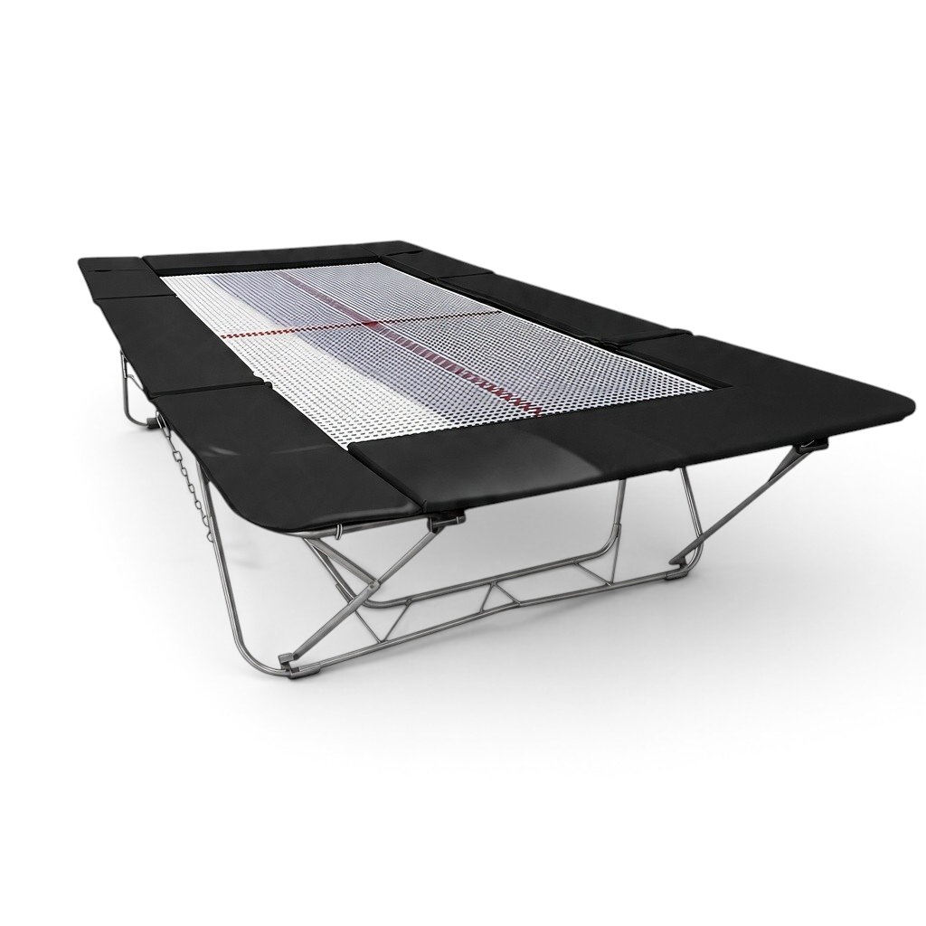 UK Gym Pits junior trampoline with a white web bed and black protective frame pads on a steel folding frame