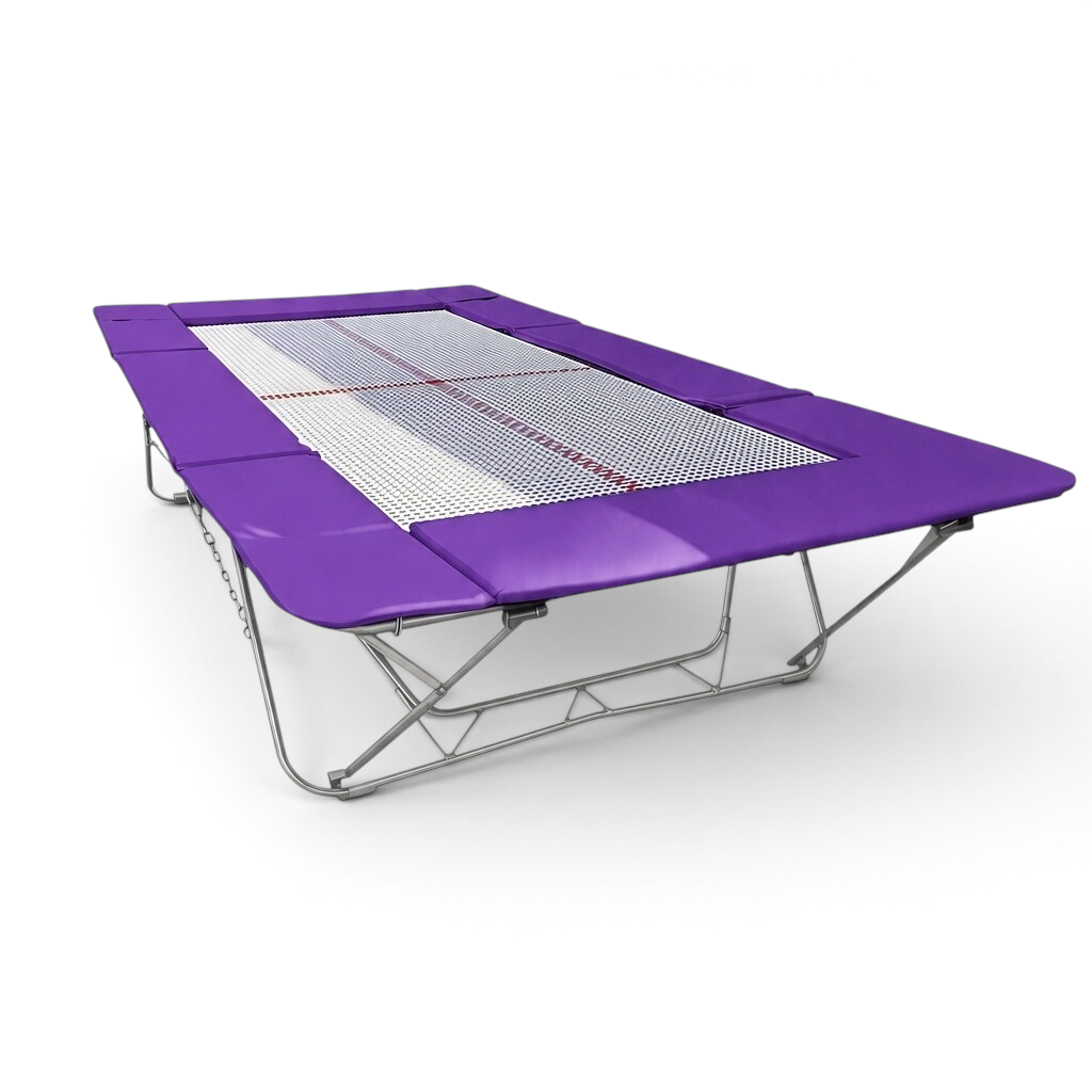 UK Gym Pits junior trampoline with a white web bed and purple protective frame pads on a steel folding frame
