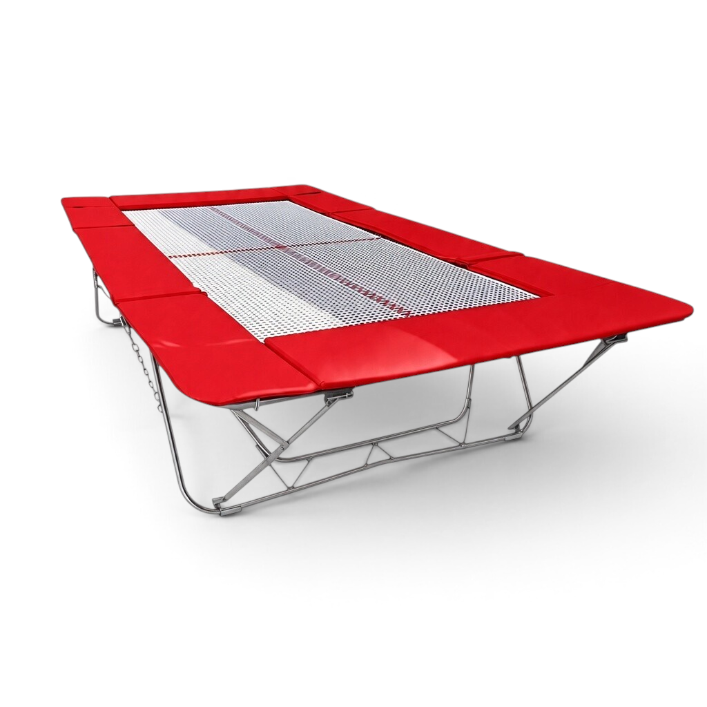 UK Gym Pits junior trampoline with a white web bed and vibrant red protective frame pads on a steel frame.