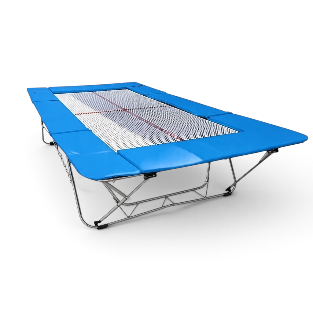 UK Gym Pits junior trampoline with a white web bed and blue protective frame pads for gymnastics and home training