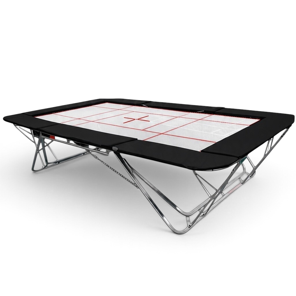 UK Gym Pits junior trampoline with a white webbed jumping bed, black frame pads, and a durable steel folding frame.