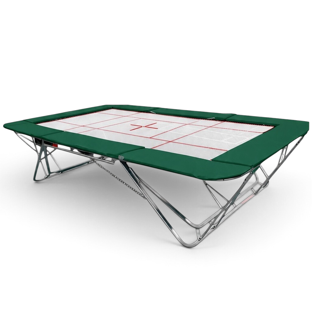 UK Gym Pits junior trampoline with a white web bed and green protective frame pads on a steel folding frame