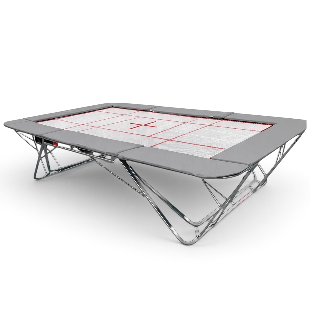 UK Gym Pits junior trampoline with grey frame pads and white web bed on a foldable steel frame for gymnastics training