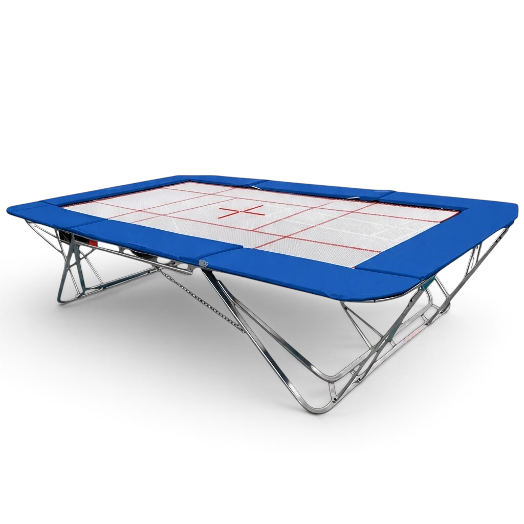 UK Gym Pits junior trampoline with a white web bed and blue protective frame pads on a foldable steel frame.