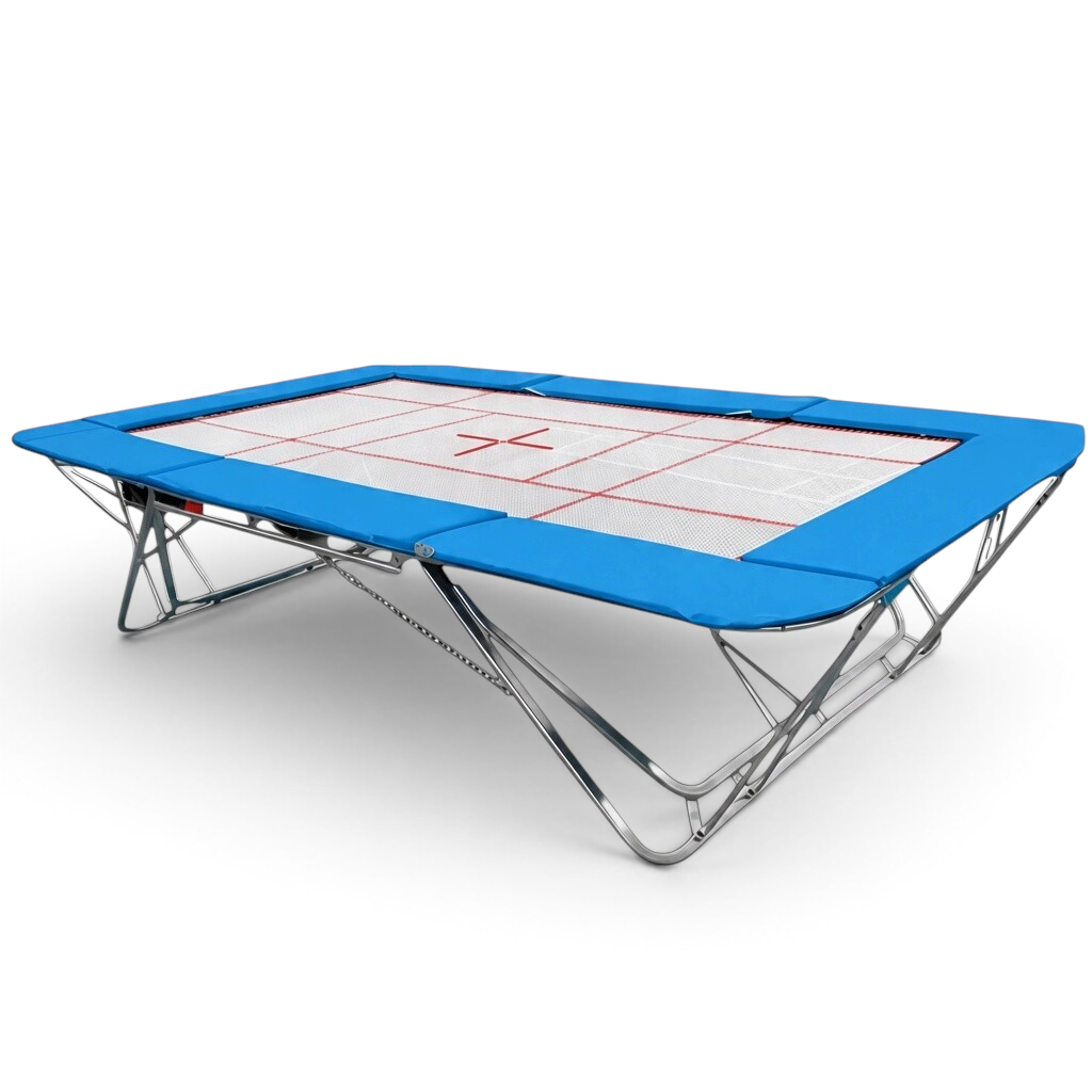 UK Gym Pits junior trampoline with a white web bed and blue protective frame pads on a foldable steel frame.