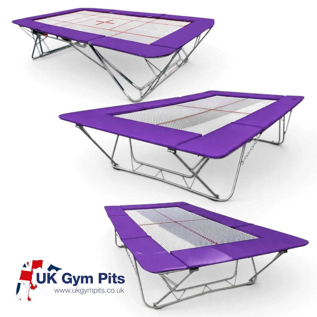 UK Gym Pits junior trampoline with purple frame pads and a white web bed, shown from multiple angles.