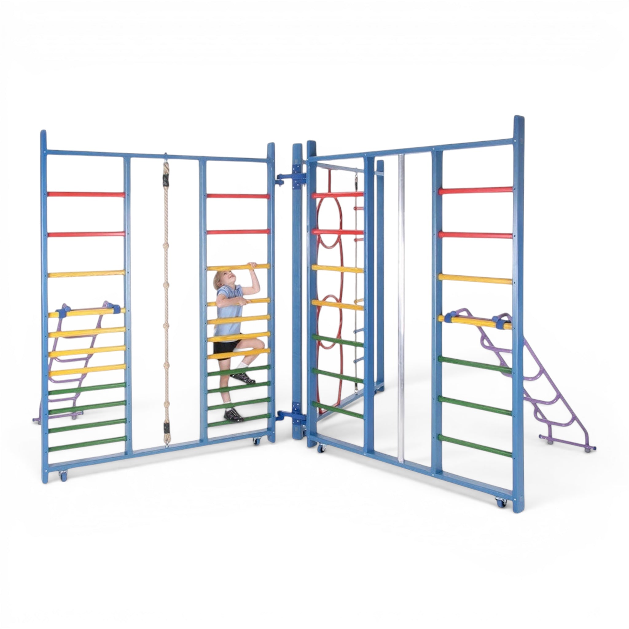 UK Gym Pits Kaleidoscope climbing frame with colourful wooden rungs, fireman's pole, and rope ladder for school use.
