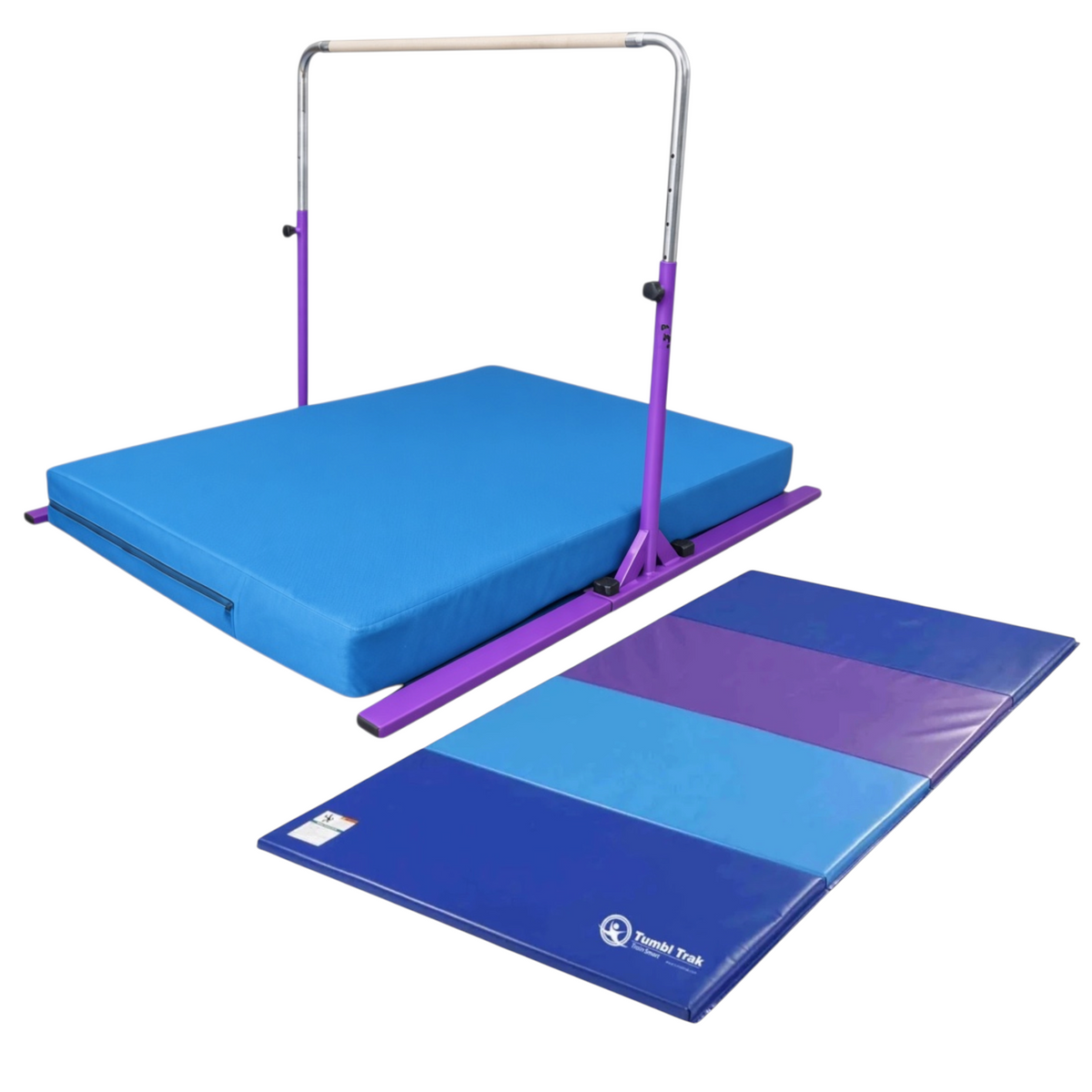 UK Gym Pits folding gymnastics tumbling mat with blue and purple vinyl panels for home training
