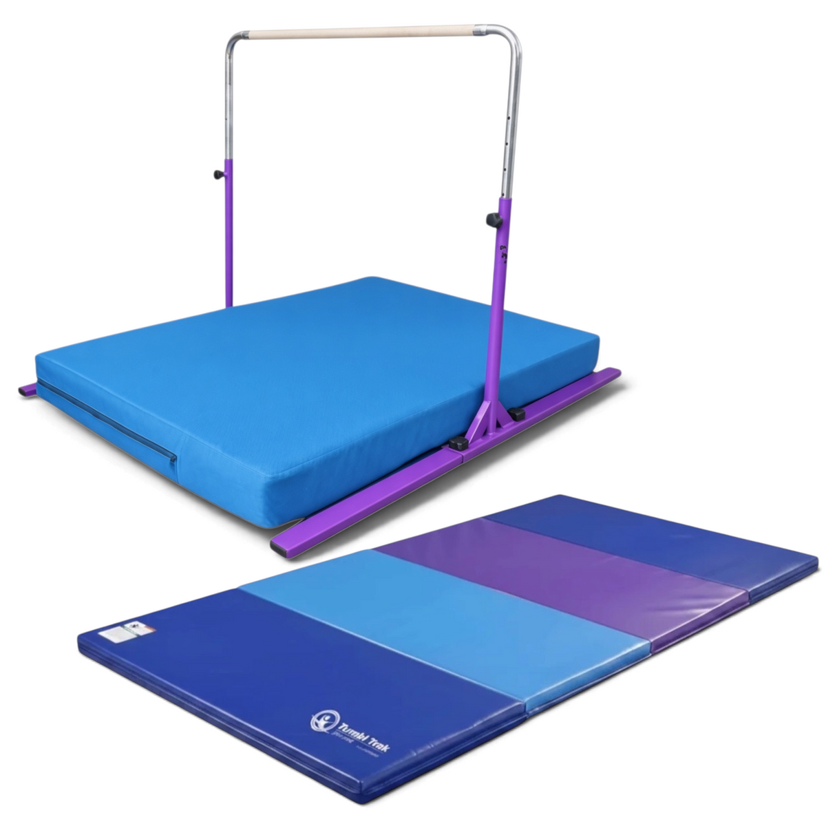 UK Gym Pits folding tumbling mat in blue and purple vinyl, featuring a multi-panel design for gymnastics training.