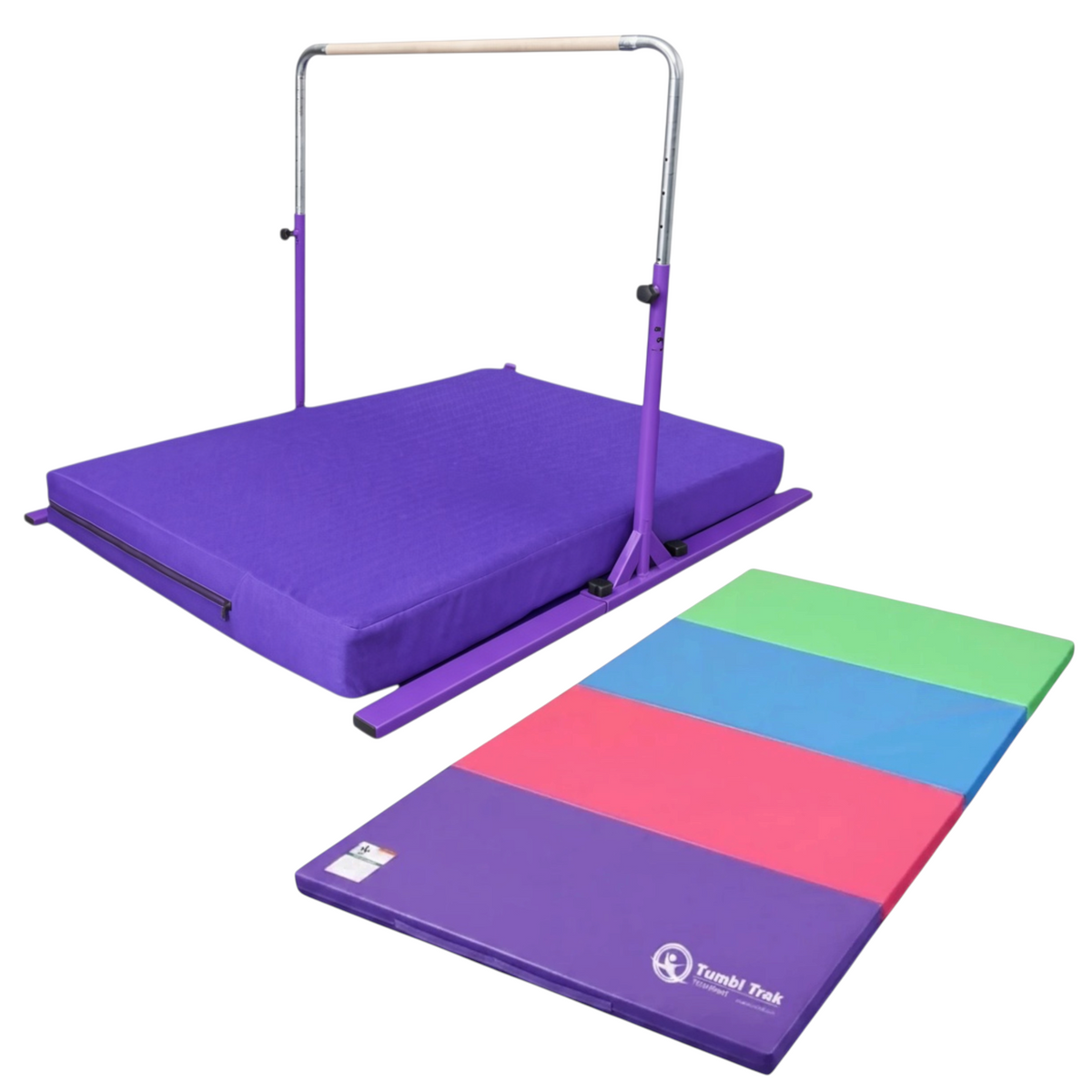 UK Gym Pits multi-coloured folding gymnastics tumbling mat with purple, pink, blue, and green panels.