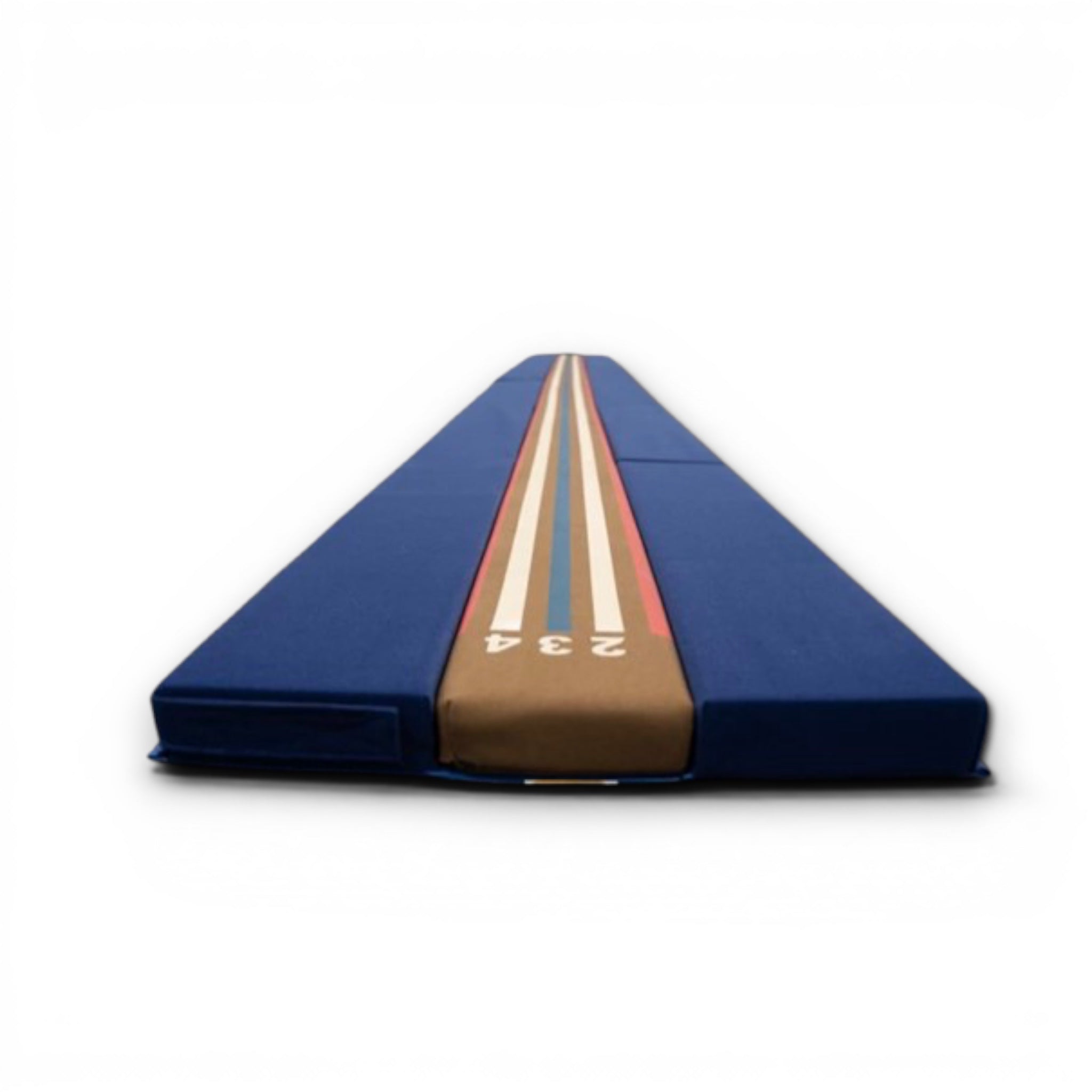 UK Gym Pits Laser Balance Beam Skill Expander with blue foam sides and a brown centre panel with numbered markers