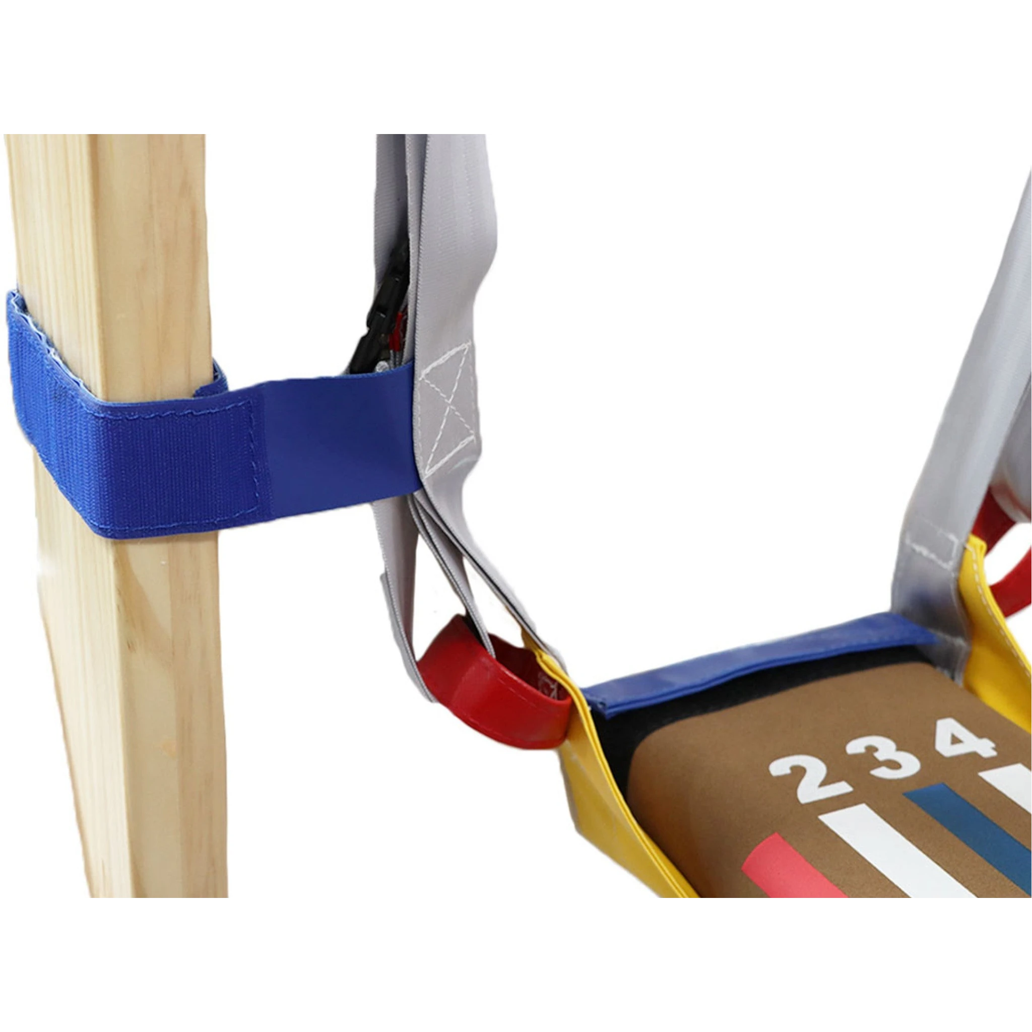 UK Gym Pits Laser Balance Beam Hammock with adjustable straps and Velcro attachment secured to a wooden post