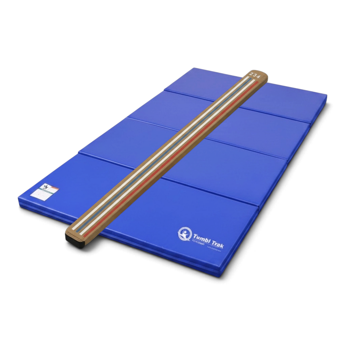UK Gym Pits laser balance beam with marked lines on a blue folding tumbling mat for gymnastics training