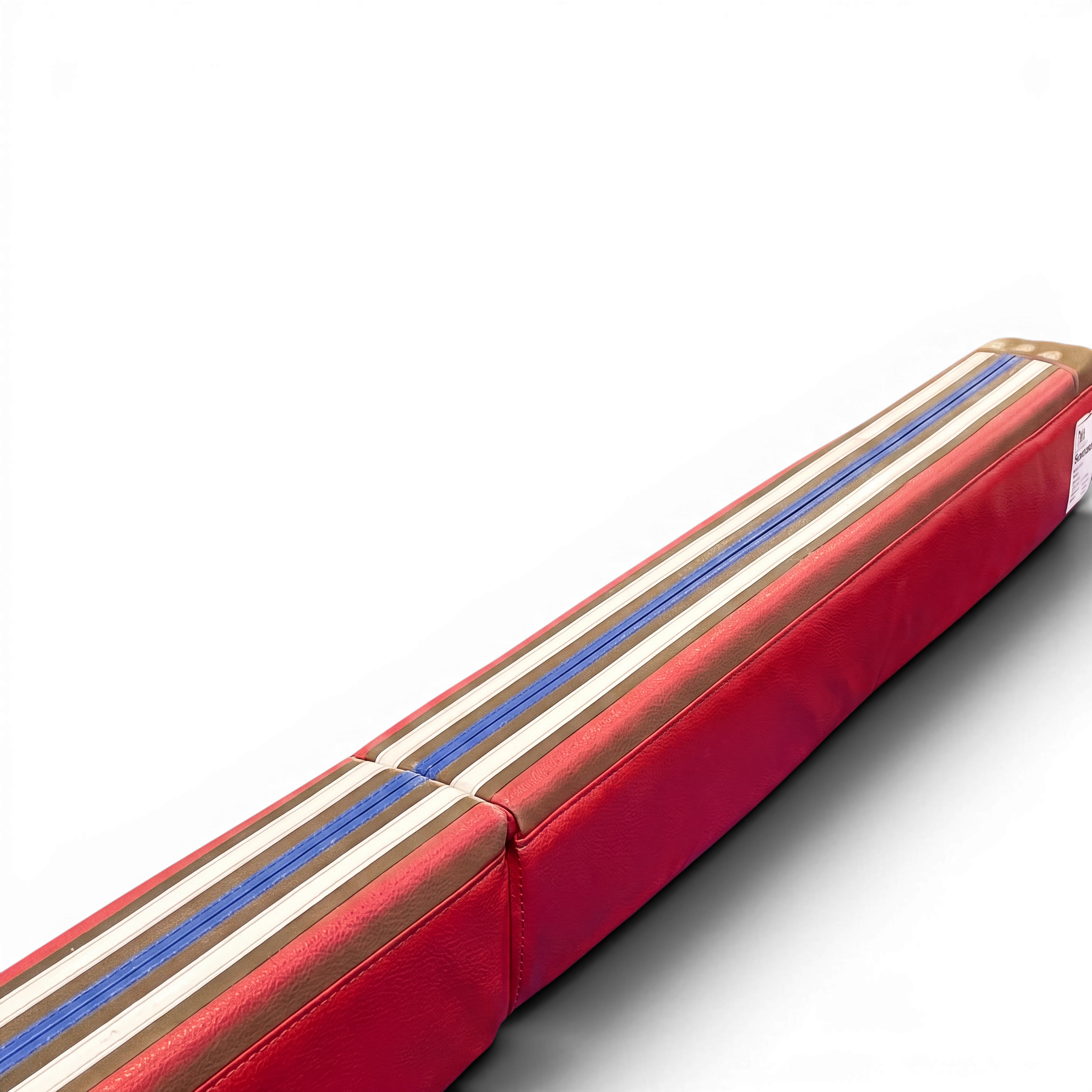 UK Gym Pits laser balance beam training pad with red suede surface and white and blue visual cueing lines