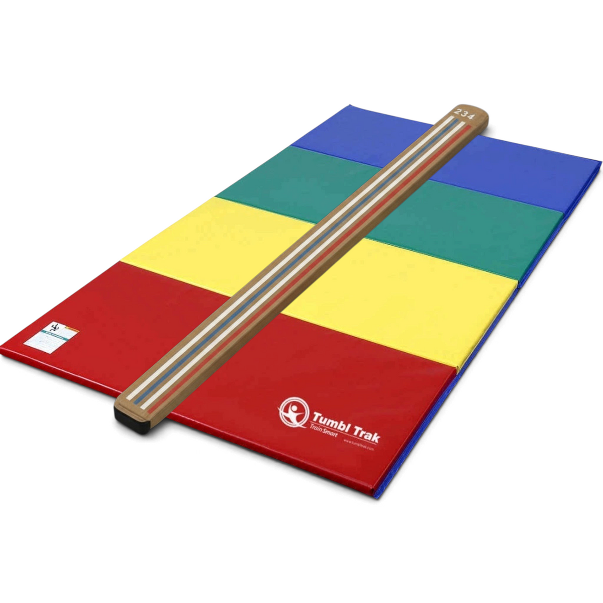 UK Gym Pits laser balance beam with marked lines on a multi-coloured folding tumbling mat for gymnastics training