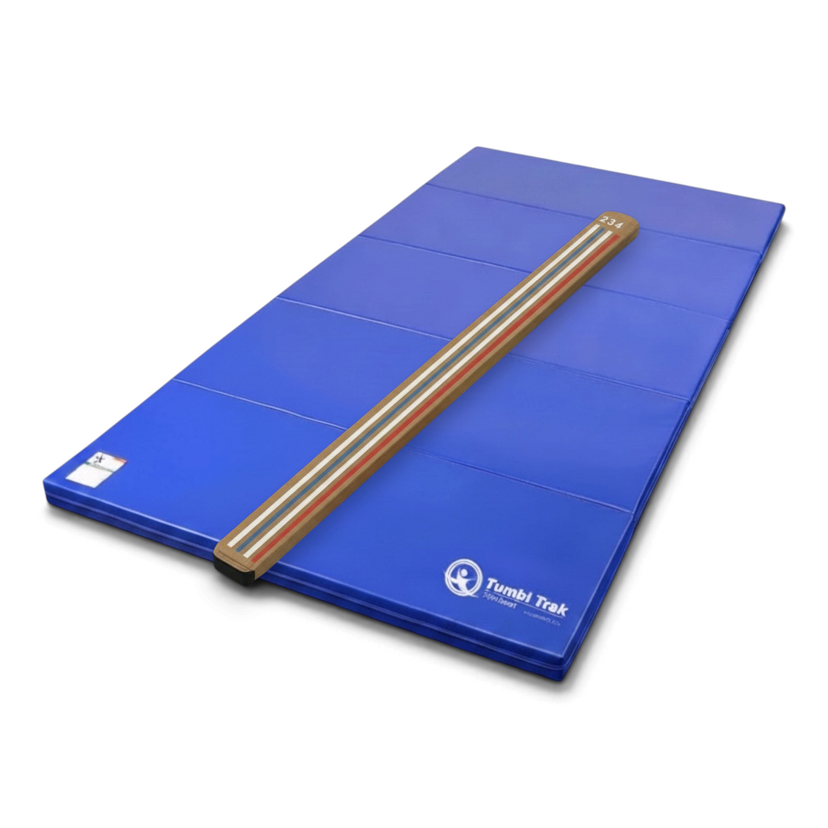 UK Gym Pits laser balance beam with numbered markings placed on a blue folding tumbling mat for gymnastics training