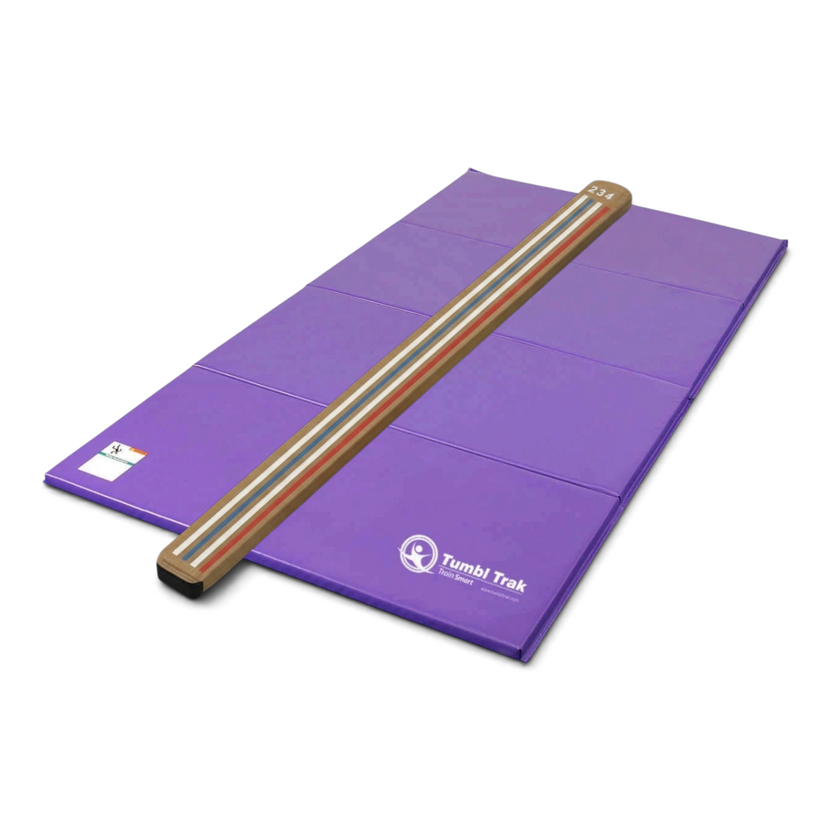 UK Gym Pits Laser Balance Beam Lite with purple folding tumbling mat for gymnastics training at home or in the gym.