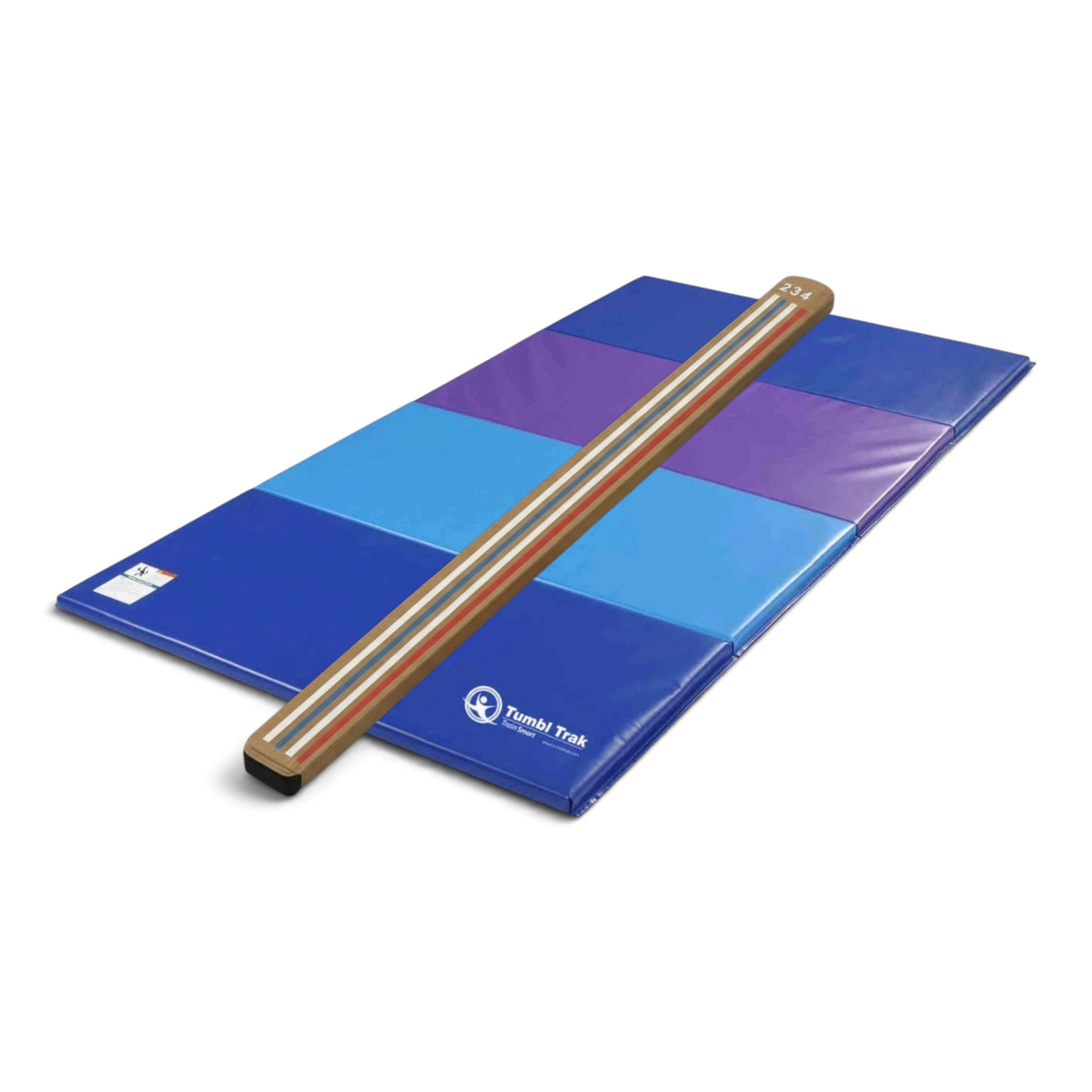 UK Gym Pits laser balance beam with numbered markings placed on a multi-coloured folding vinyl tumbling mat.