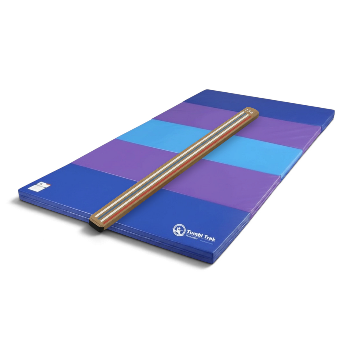 UK Gym Pits Laser Balance Beam Lite with colourful folding tumbling mat for gymnastics training at home or gym