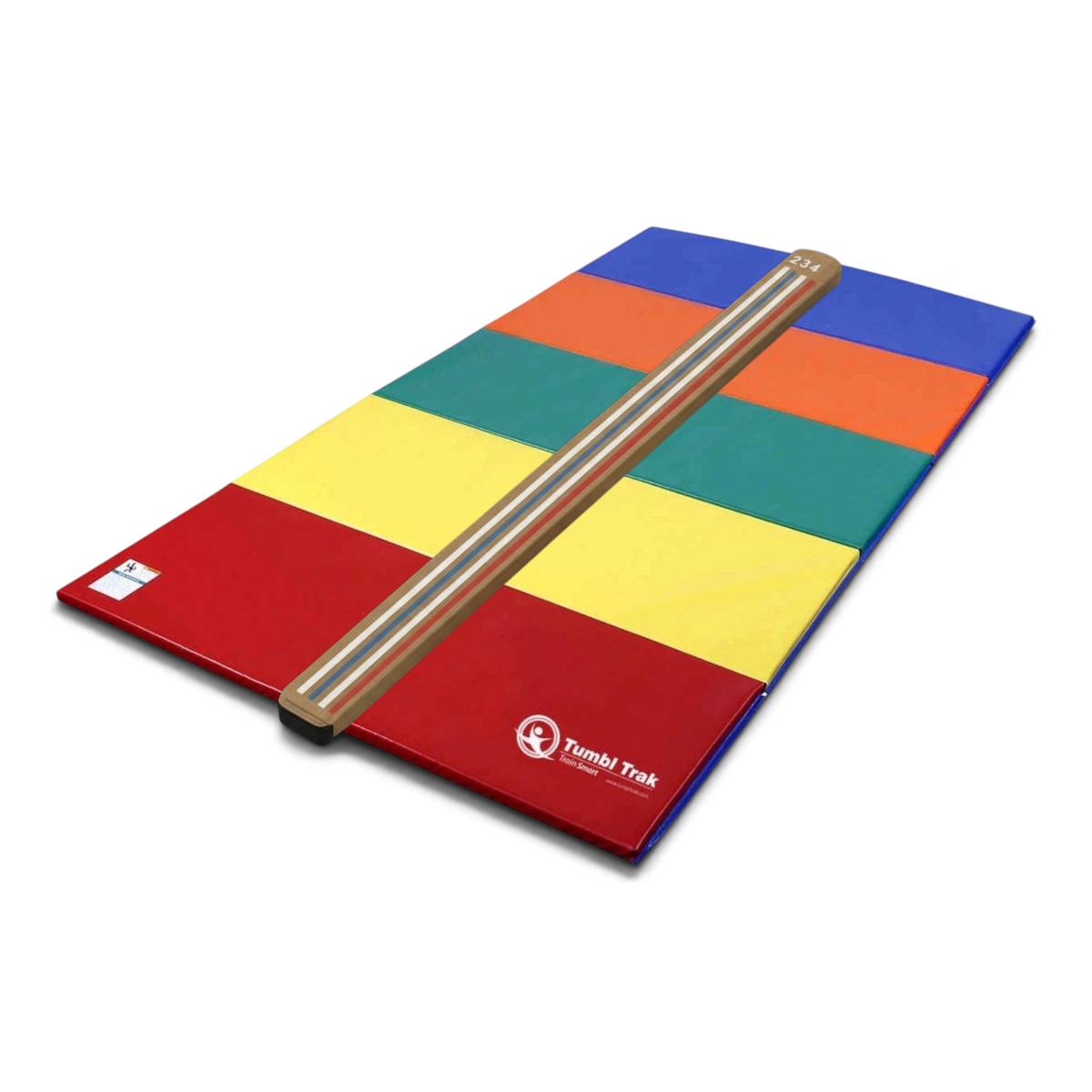 UK Gym Pits Laser Balance Beam Lite with a multi-colored folding tumbling mat for gymnastics training