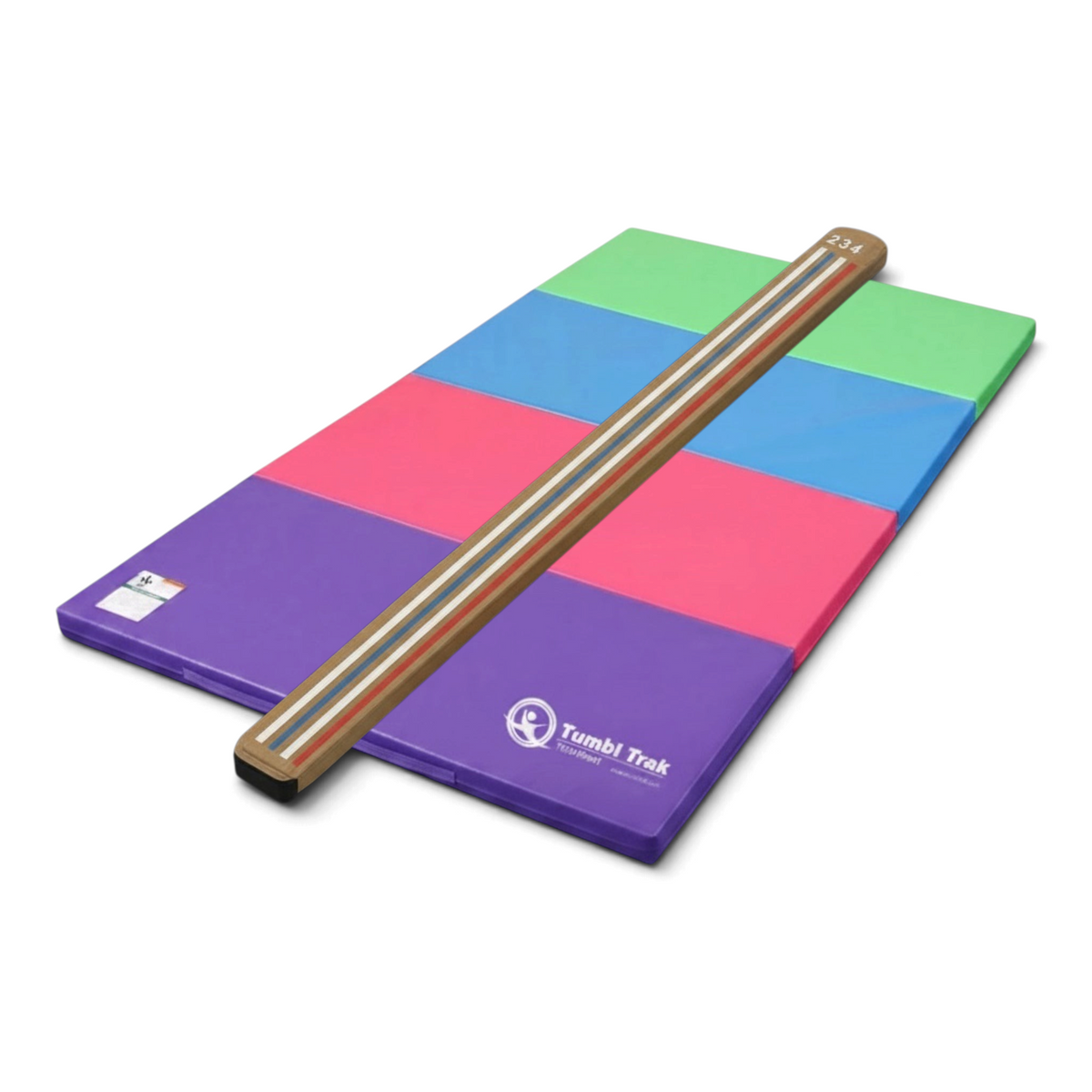 UK Gym Pits Laser Balance Beam Lite with colourful folding tumbling mat for gymnastics training at home or gym